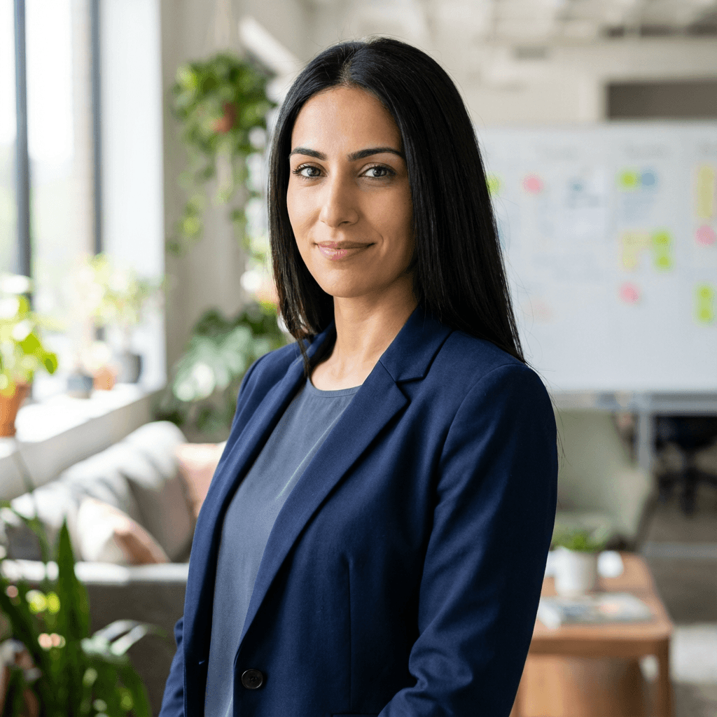 Nadia Rahimi reviewing a seating chart beside a set dining table