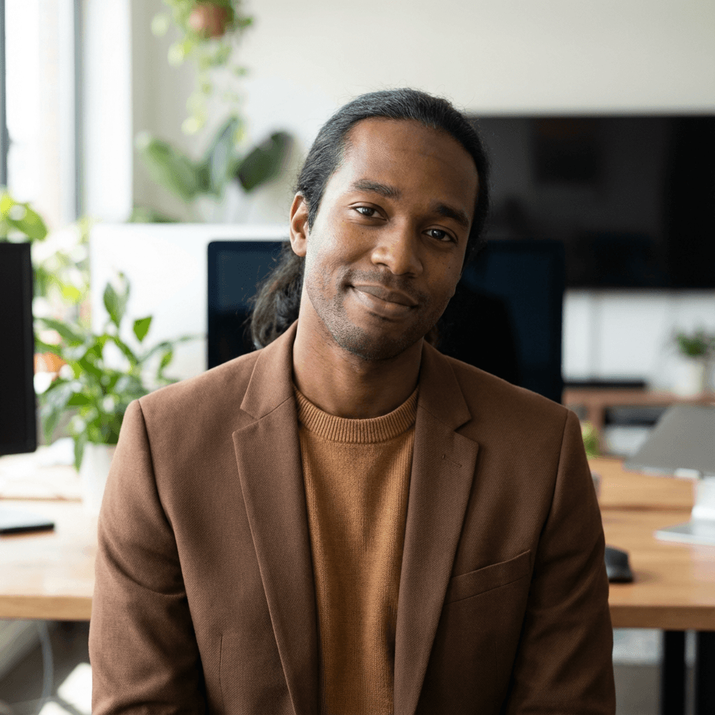 David Okafor in business attire at a corporate office