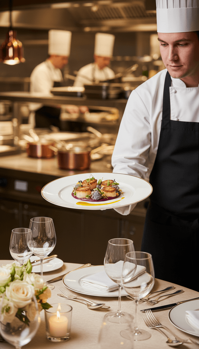 Chef placing a final garnish on an elegantly plated dish in a professional kitchen
