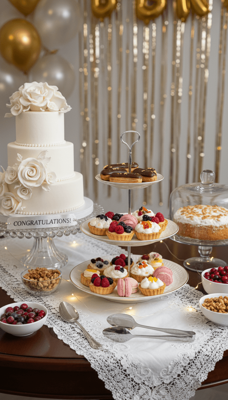 Dessert table with assorted pastries and tiered cake