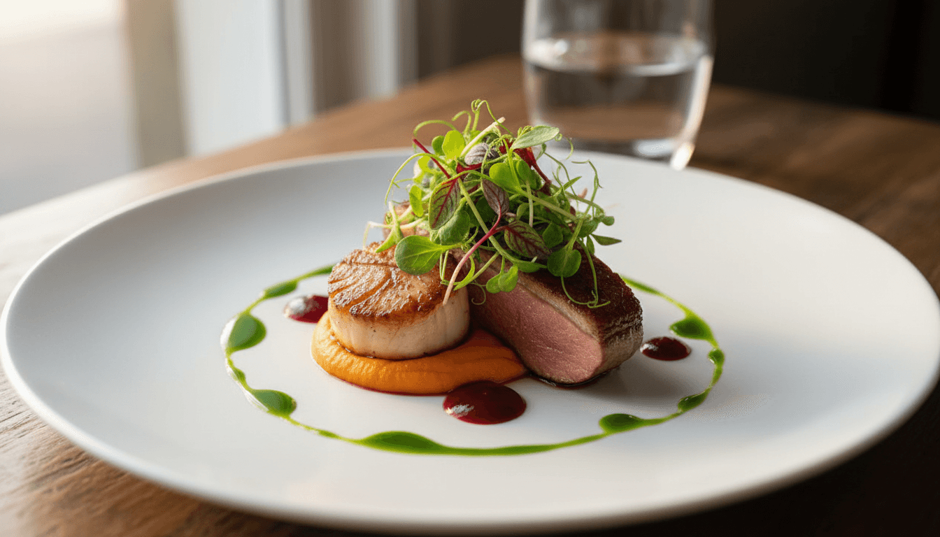 Elegantly plated gourmet dish with microgreens and sauce drizzle on a white ceramic plate