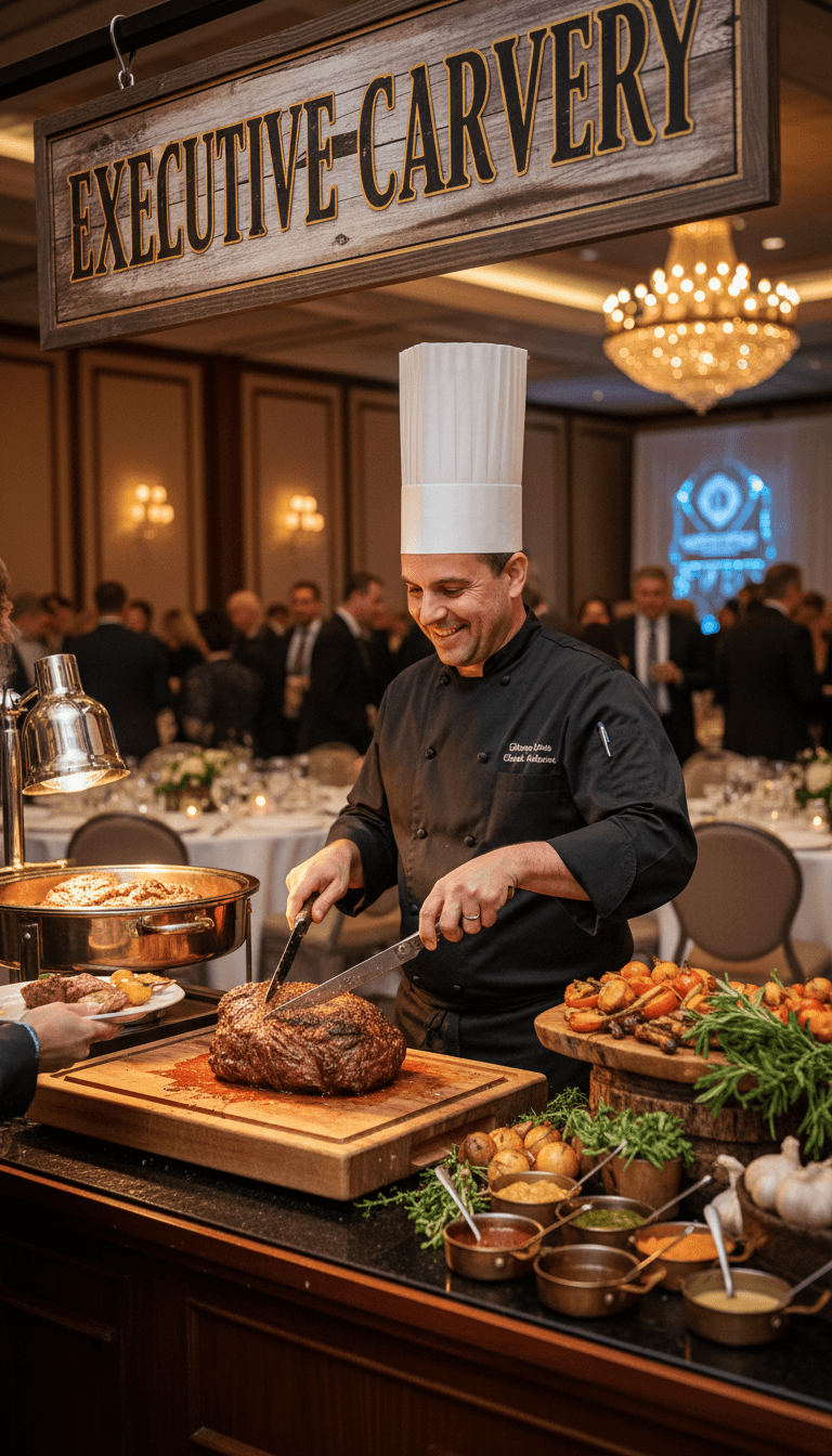 Carving station attendant serving at a corporate gathering