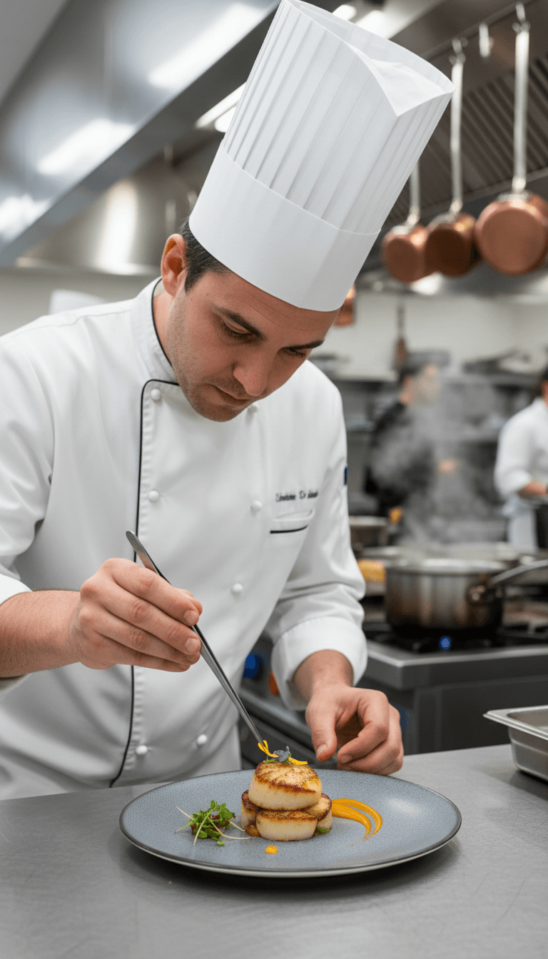 Chef finishing a plated appetizer