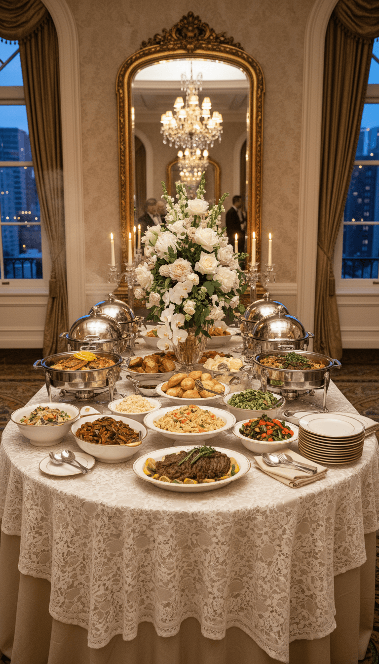 Wedding buffet station with warming trays and floral decor