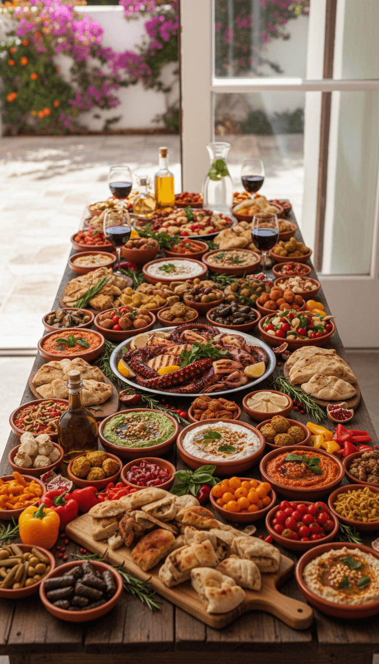 Mediterranean spread with dips, olives, and fresh bread