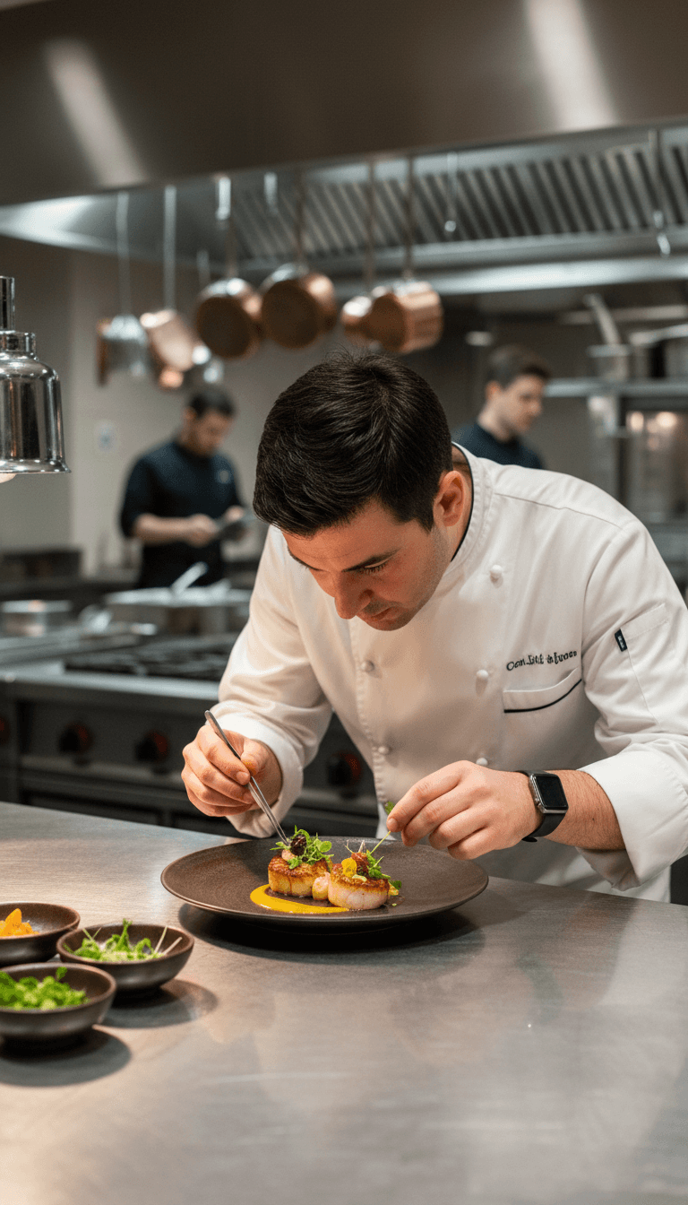 Chef plating a gourmet dish with precision