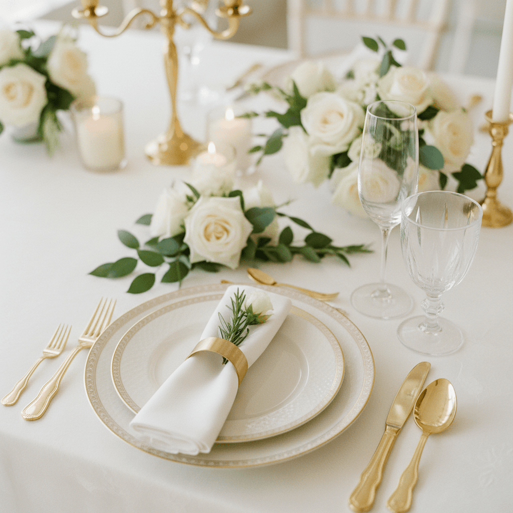Elegant table setting with white plates and wine glasses at an upscale event reception