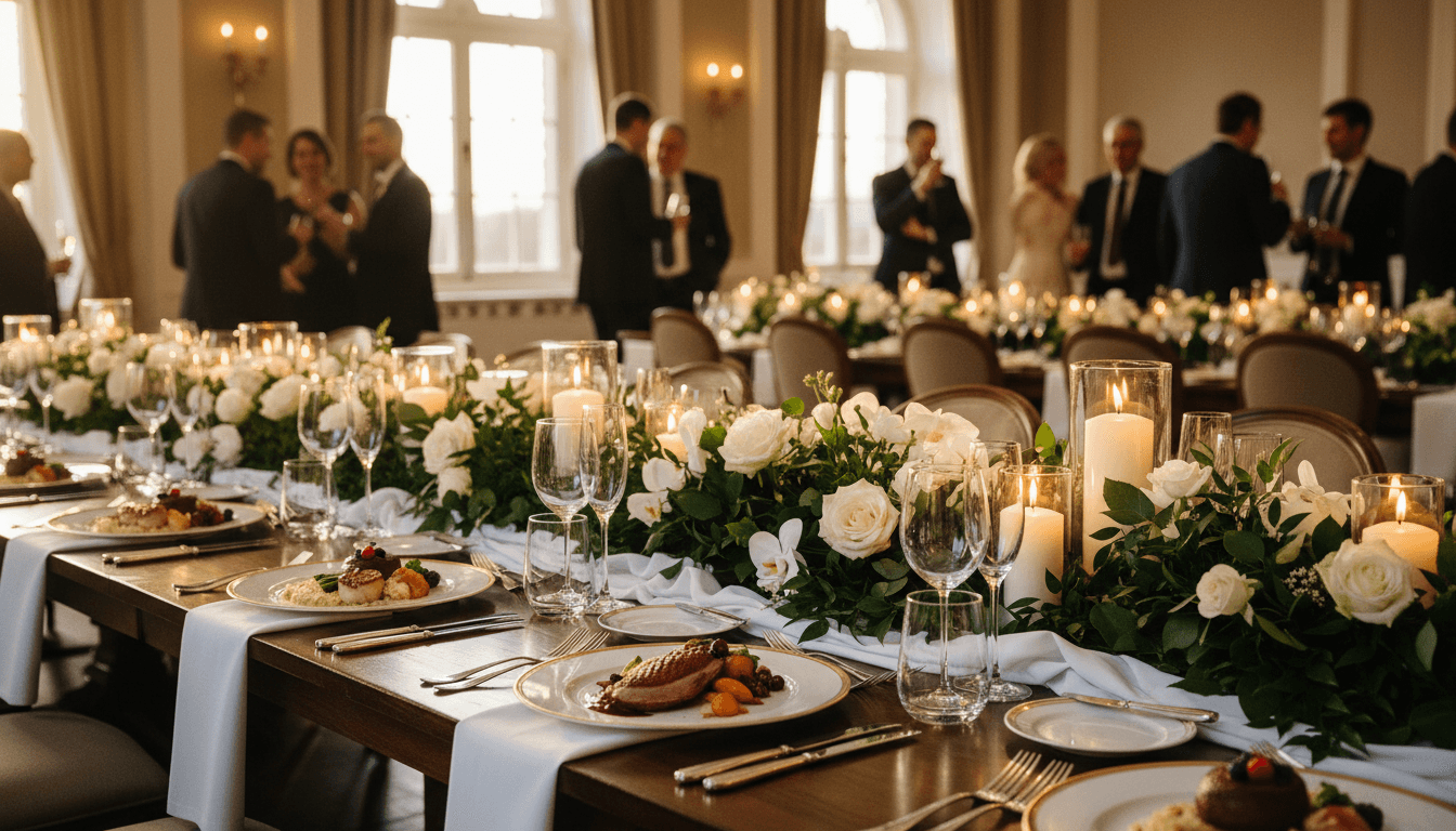 Elegant plated dish being presented at a beautifully set banquet table in a refined event venue