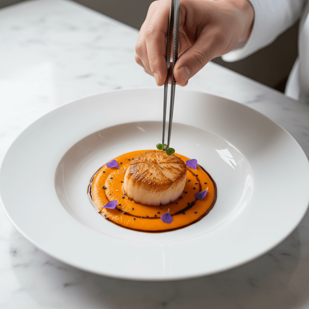 Chef plating a gourmet dish in a professional catering kitchen
