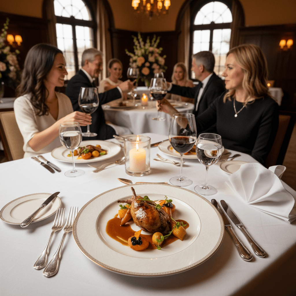 Elegant plated dinner dish with garnishes on a white tablecloth at an upscale event