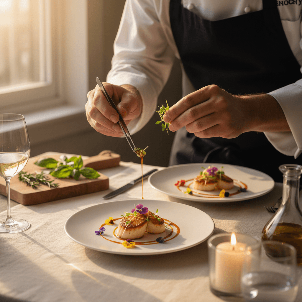Chef presenting an elegant plated dish at an upscale catered event