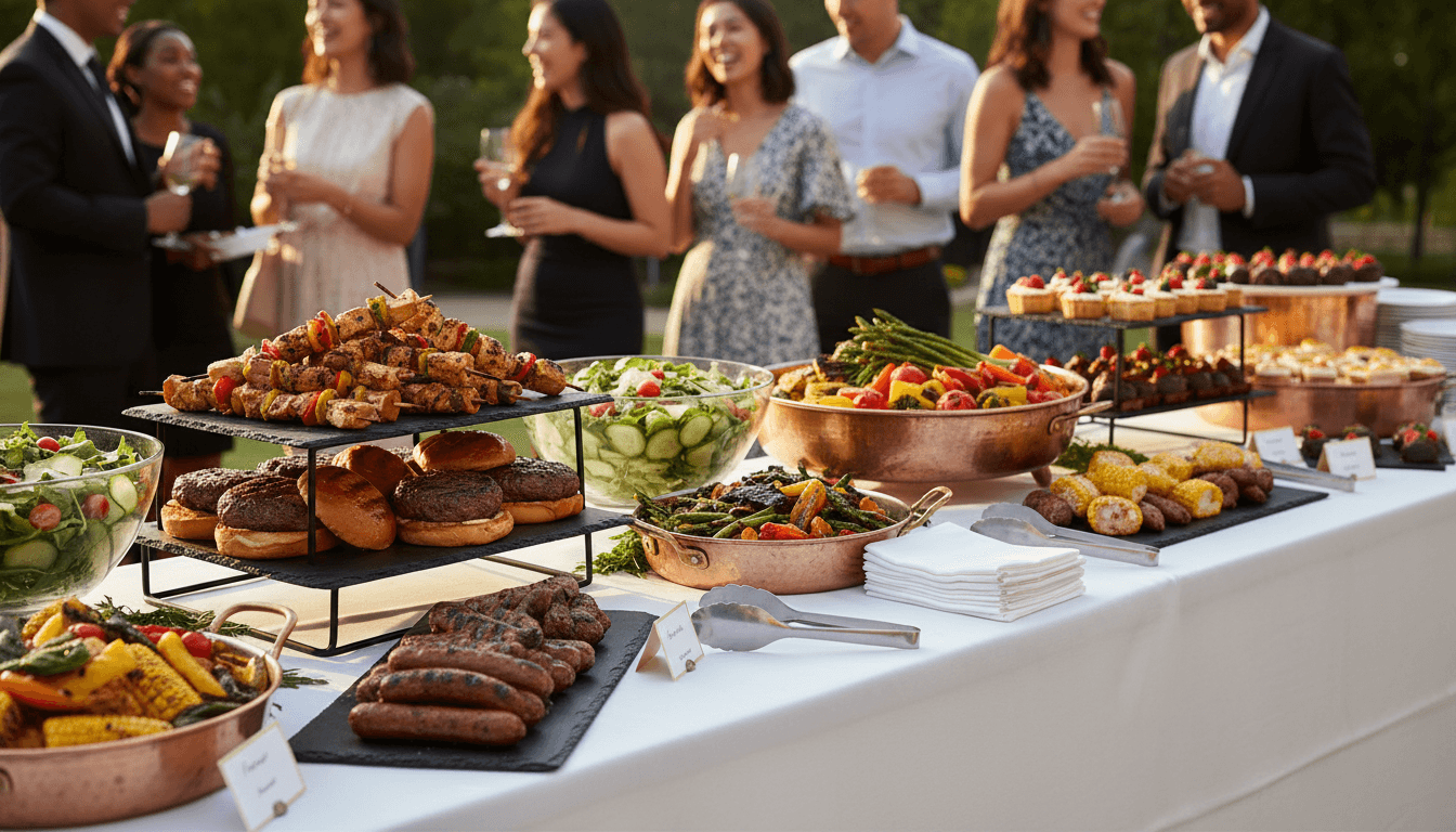 elegant catering spread with gourmet dishes arranged on a table